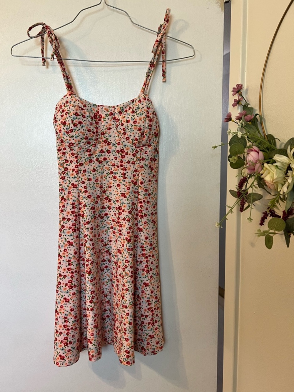 Lily Rose White Floral Tie-Shoulder Dress with Red & Green Print